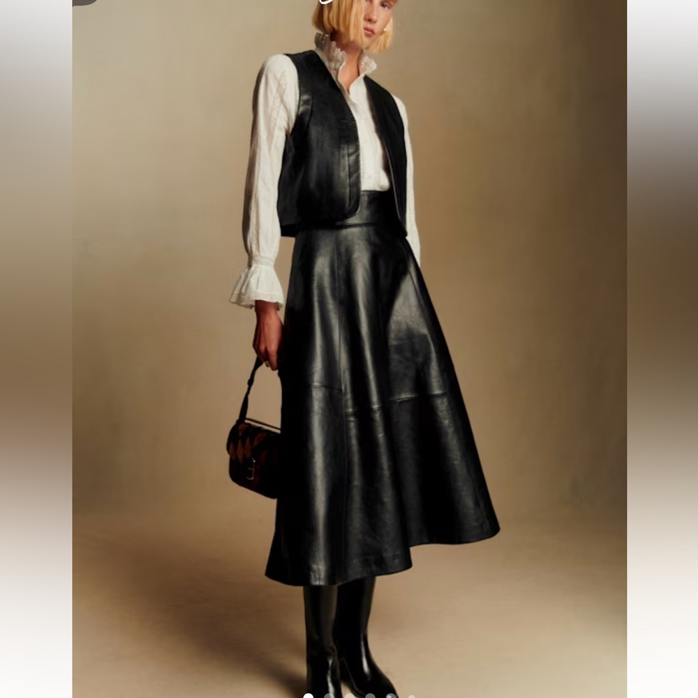 NEW Sezane Yasmine Lamb Leather Skirt in Black Size 8
